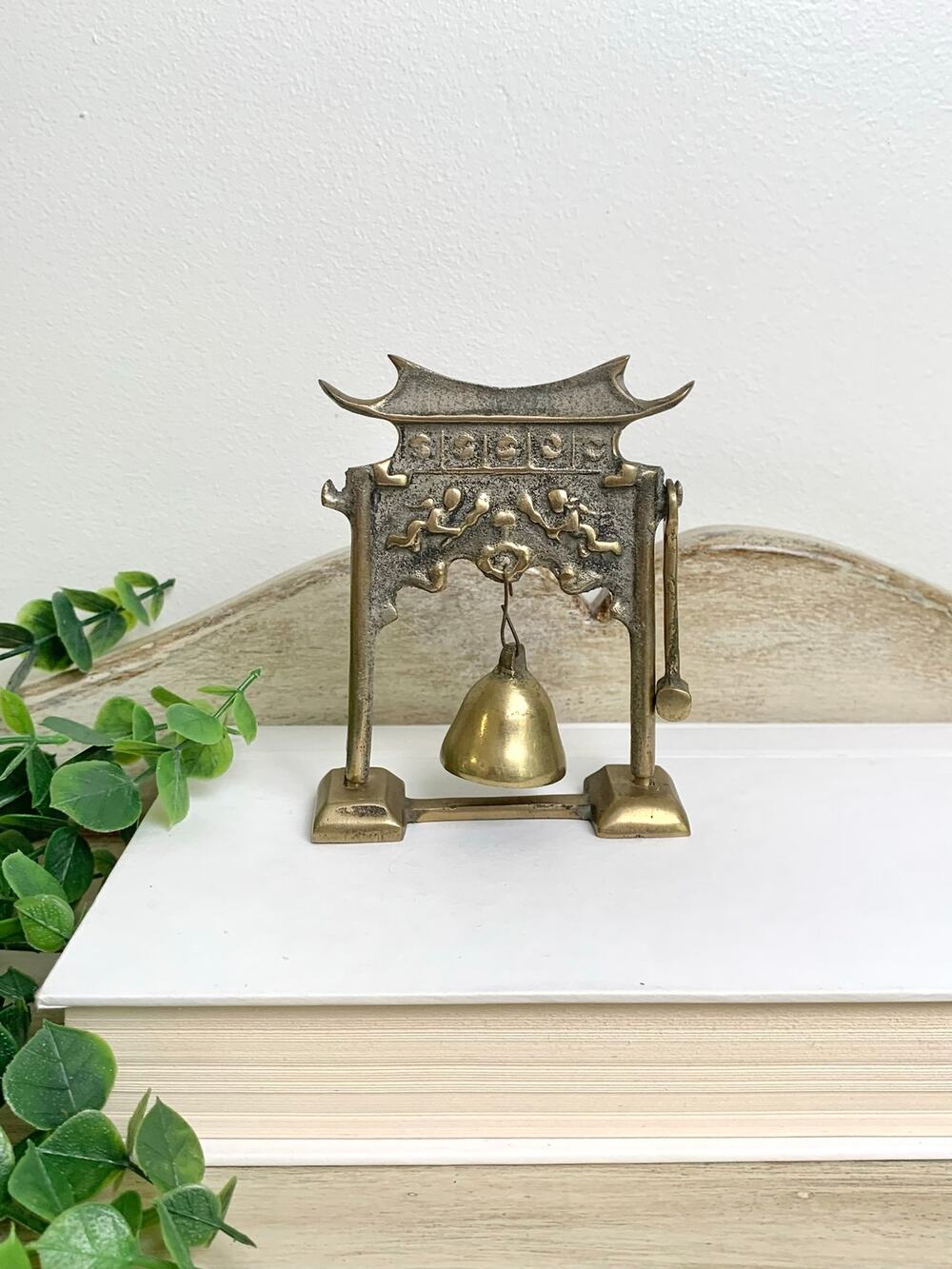 Vintage Lobeco Brass Pagoda Gong Miniature Bell With Striker Chinoiserie Decor